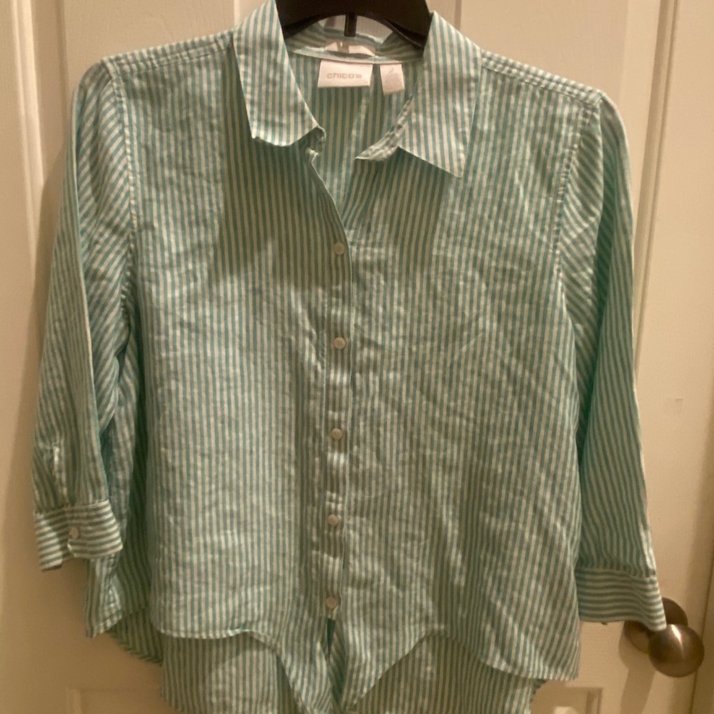 Chicos Green/White Striped 3/4 Sleeve Front Tie Blouse - Size 2